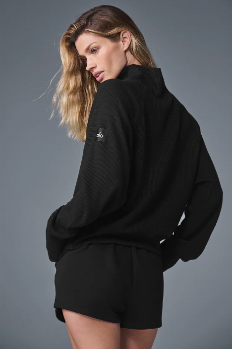 Waffle Weekend Escape Mock Neck Long Sleeve - Zwart